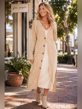 We The Free Perfect Match Longline Cardigan Duster Tan Ribbed Size Large NWT